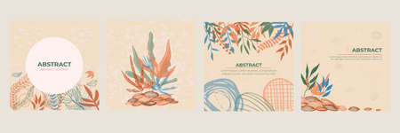 Set of abstract floral backgrounds for posts. Vector trendy minimal templates in boho style with copy space for text . Botanical wall art vector setのイラスト素材
