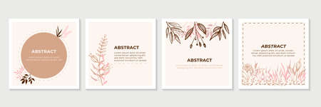 Trendy floral background design templates. Good for poster, card, cover, banner, placard, brochure. Universal hand drawn floral templates for birthday invitations, menu, social media and baby showerの写真素材