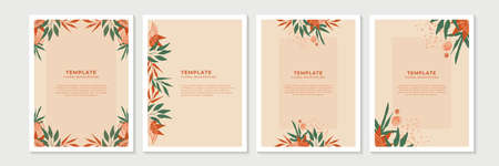 Trendy floral background design templates. Good for poster, card, cover, banner, placard, brochure. Universal hand drawn floral templates for birthday invitations, menu, social media and baby showerの写真素材