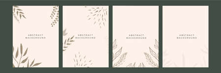 Botanical wall art background vector set. Earth tone natural colors foliage line art boho plants...