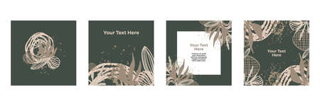 Botanical wall art background vector set. Earth tone natural colors foliage line art boho plants...