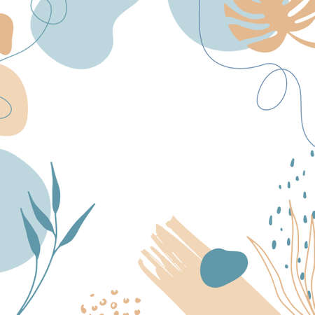 Organic pink brown tan nude floral abstract shapes background with hand drawn texture, brush, leave and minimalist style. Abstract minimal hand drawn background.のイラスト素材