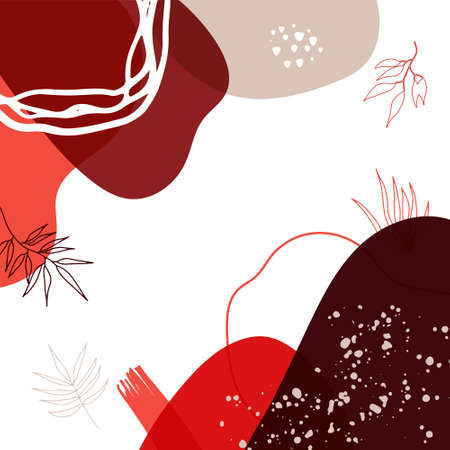 Trendy abstract minimalist organic background with flowing liquid shapes, floral, brush, leaves, hand drawn textures and blob. Tan, nude, champagne, beige, pastel, pink, brown, earth tone color style.のイラスト素材