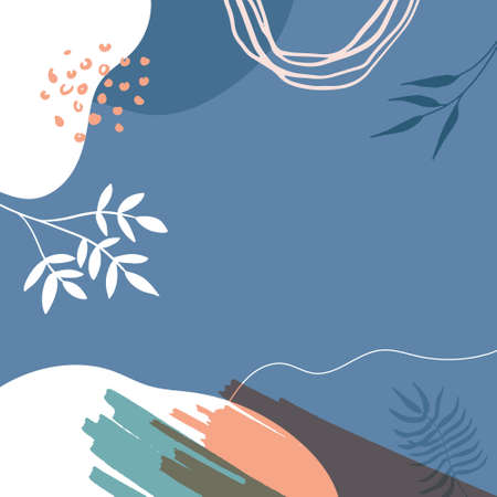 Trendy abstract minimalist organic background with flowing liquid shapes, floral, brush, leaves, hand drawn textures and blob. Tan, nude, champagne, beige, pastel, pink, brown, earth tone color style.のイラスト素材