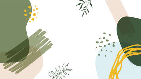 Trendy abstract minimalist organic background with flowing liquid shapes, floral, brush, leaves, hand drawn textures and blob. Tan, nude, champagne, beige, pastel, pink, brown, earth tone color style.のイラスト素材