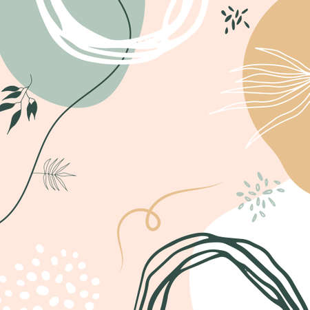 Trendy abstract minimalist organic background with flowing liquid shapes, floral, brush, leaves, hand drawn textures and blob. Tan, nude, champagne, beige, pastel, pink, brown, earth tone color style.のイラスト素材