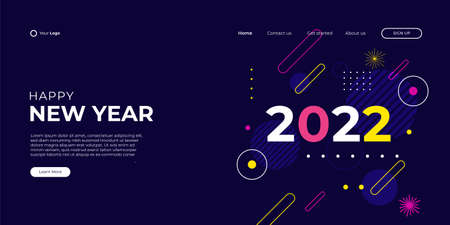 Modern happy new year 2022 and Merry Christmas landing page web background template with colorful geometric Memphis style.のイラスト素材