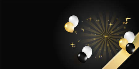 Modern simple black and gold backdrop with balloons. Abstract black and gold background with balloons, ribbon, and glitter. Vector abstract graphic design banner pattern background template.のイラスト素材
