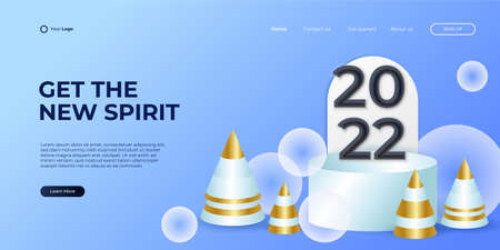Happy new year 2022 colorful landing page web template background with blue and gold Christmas tree. Vector abstract graphic design banner pattern background template.のイラスト素材