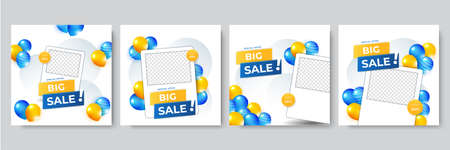 Set of Editable minimal square banner template. Colorful background with balloon memphis stripe line shape. Suitable for social media post and web internet ads. Vector illustration with photo collegeのイラスト素材