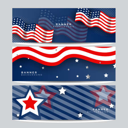 Set of American nation banner with national flag and space for text. Independence and freedom vector concept. USA country day celebration. Traditional patriotic background with waving American flagのイラスト素材