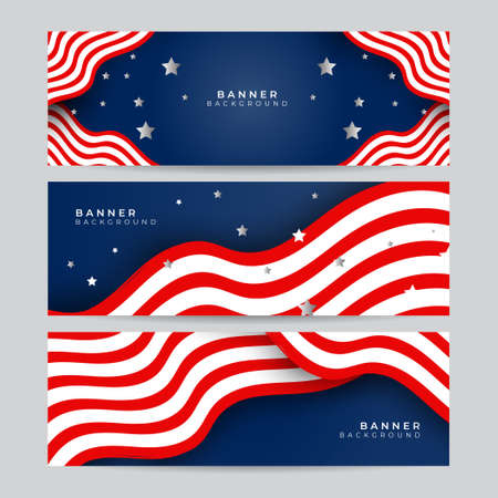Set of American nation banner with national flag and space for text. Independence and freedom vector concept. USA country day celebration. Traditional patriotic background with waving American flagのイラスト素材