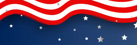 American blue red nation banner with national flag and space for text. Independence and freedom vector concept. USA country day celebration. Traditional patriotic background with waving American flagのイラスト素材