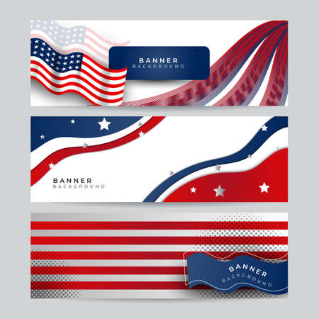 Set of American nation banner with national flag and space for text. Independence and freedom vector concept. USA country day celebration. Traditional patriotic background with waving American flagのイラスト素材