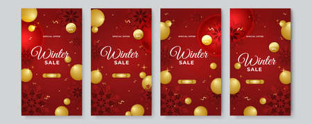 Set of editable story banner templates. Christmas winter sale template design with ball, snow, snowflake, balloon, gift. For social media post, story, poster, greeting card, and web internet adsのイラスト素材