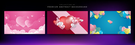 Red, pink and white Valentine christmas new year 3d design background with love heart shaped balloon. Vector illustration, greeting banner, card, wallpaper, flyer, poster, brochure, wedding invitationのイラスト素材