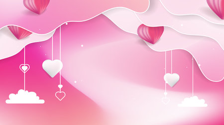 Red, pink and white Valentine christmas new year 3d design background with love heart shaped balloon. Vector illustration, greeting banner, card, wallpaper, flyer, poster, brochure, wedding invitationのイラスト素材