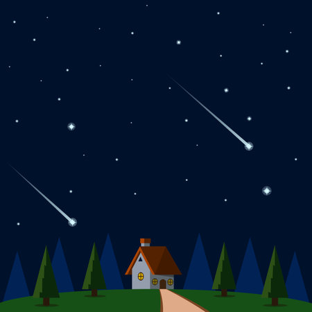 Night illustration, sky full of stars, moonlight, starfall, mountainのイラスト素材