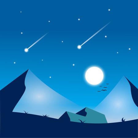 Night illustration, sky full of stars, moonlight, starfall, mountainのイラスト素材