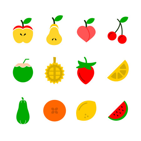 Fruits and berries icons set. Vector illustration in flat style.のイラスト素材