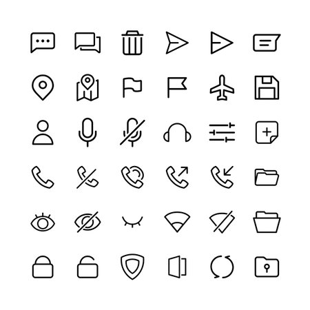 Set of vector line icons for web and mobile. Contains such icons as telephone, envelope, folder, mail, map, address, contact, check mark and more.のイラスト素材