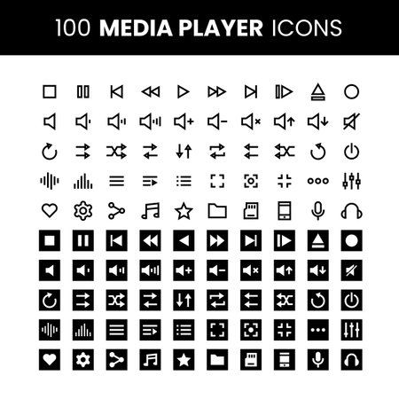 100 Media Player Icons. Simple Multimedia Vector Perfect Illustrationsのイラスト素材