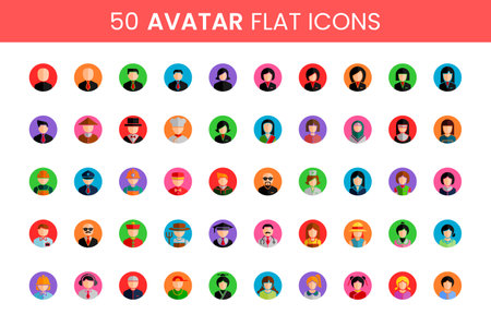 50 avatars icons set in flat style for web and mobile design.のイラスト素材