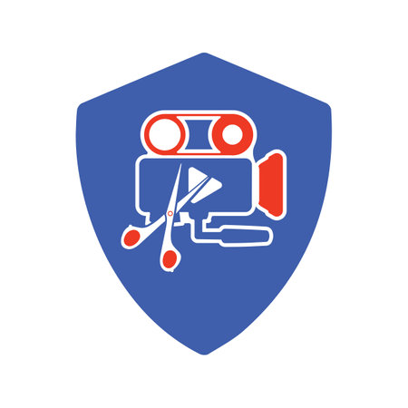 Media camera icon video camera with sensor vector movie camera illustration. inside shape of shield.のイラスト素材