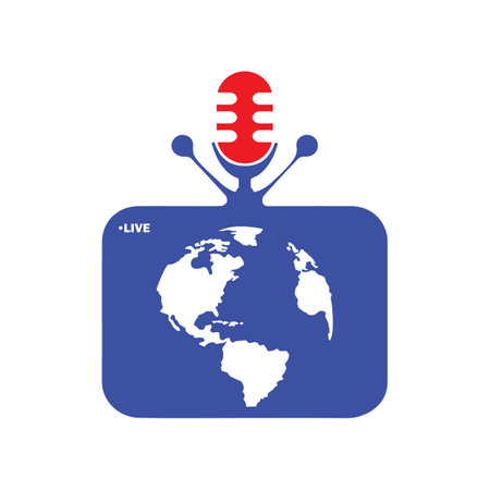 Live podcast microphone with TV vector logo. Podcast mic and TV orange blue color design.のイラスト素材