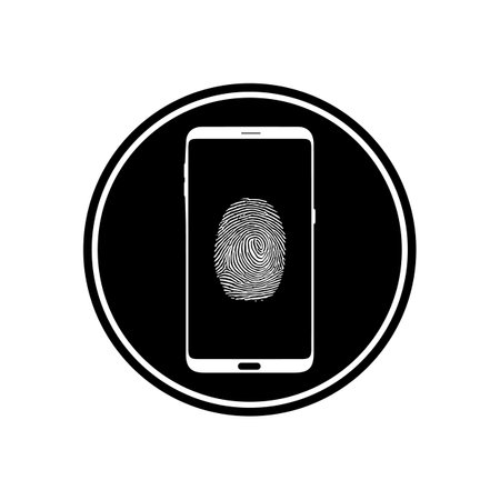 Smart phone logo design. mobile vector illustration with fingerprint and inside circle shape icon .のイラスト素材