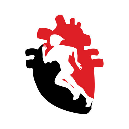 Running woman side view. vector illustration. inside the shape of human heart black and red color.のイラスト素材