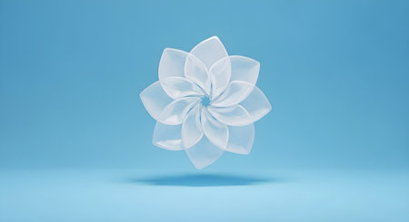 White flower origami on blue background. 3D rendering illustration.の素材
