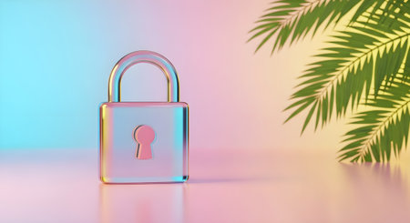 a glowing padlock sits on a surface with palm leaves, representing digital security and online privacy.の素材
