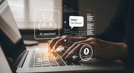 Cyber security theme with a person using a laptop computer at homeの素材