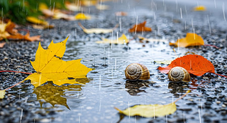 Rain drops on the asphalt with autumn leaves and snail in the rainの素材