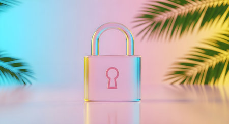 3D rendering of a padlock and palm leaves on a colorful backgroundの素材