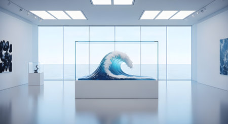 Sea wave in modern office interior. 3d rendering toned imageの素材
