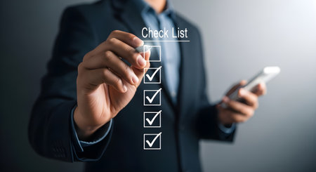 Checklist concept. Businessman hand holding smart phone and check markの素材