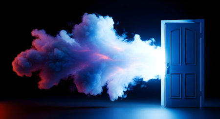Conceptual image of closed door with smoke coming out of itの素材