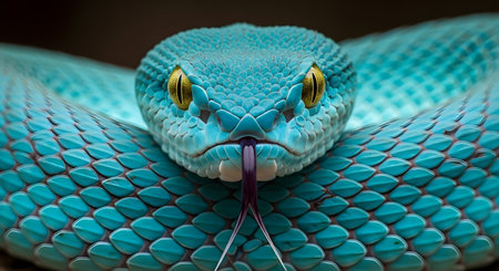 Close-up of the head of a blue snake with green eyesの素材