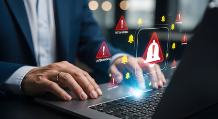 Cyber security concept. Businessman working with laptop on dark backgroundの素材