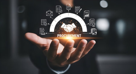 Project management concept above the hand of a businessman on blurred office backgroundの素材