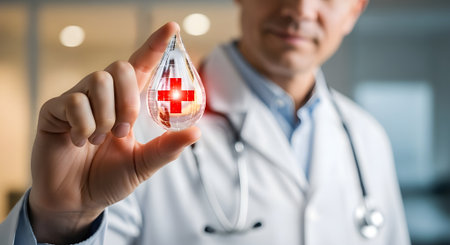 Close-up of a doctor holding a crystal ball with a red crossの素材
