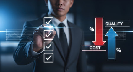 Businessman marking a digital checklist to improve quality and reduce costs.の素材