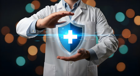 Medical insurance concept with shield in the hands of a doctor on bokeh backgroundの素材