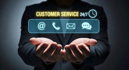 A man holding out his hands with a glowing, futuristic interface floating above them. The interface displays "CUSTOMER SERVICE 24/7" along with icons for an email, phone, and chatの素材