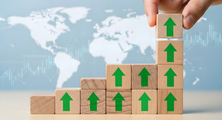 Businessman hand arranging wooden block stacking as step stair on world map background.の素材