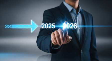 Businessman pointing to 2023 new year concept on virtual screen.の素材