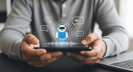 Close-up of businessman using smartphone with virtual AI chatbot assistant icons, digital communication, and artificial intelligence technology concept.の素材