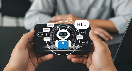 Close-up of businessman using smartphone with virtual AI chatbot assistant icons, digital communication, and artificial intelligence technology concept.の素材